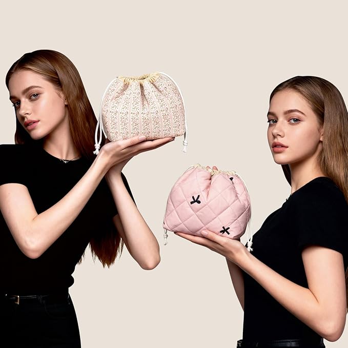 Gosect Large Makeup Bag, Cute Drawstring Cosmetic Bag with Canvas Lining, Floral Coquette Aesthetic Toiletry Bag, Travel Make Up Organizer Bag for Women and Girl (Bear