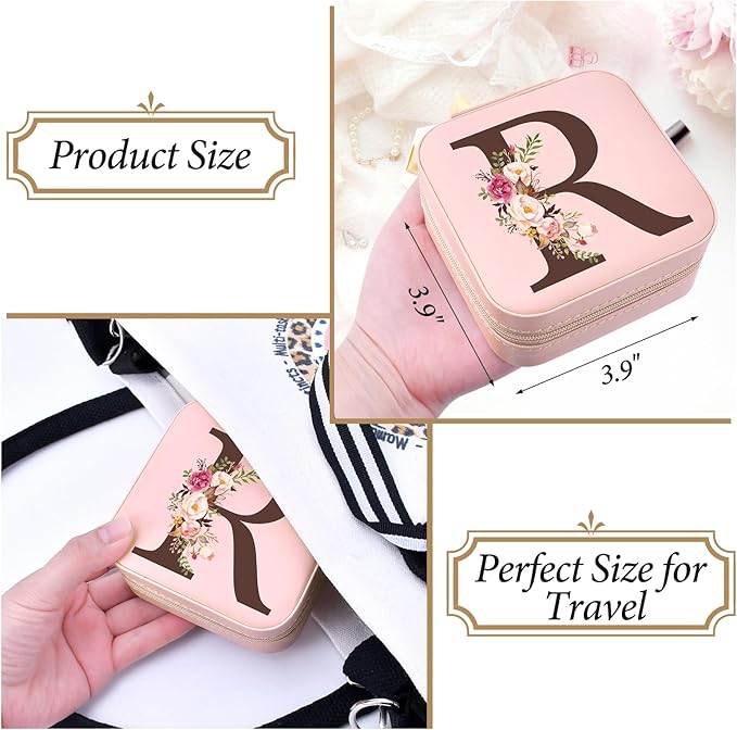 Small Travel Jewelry Case for Girls Women, Travel Jewelry Box Organizer Personalized Pink Gifts for Wife Mom, Gift for Friend Sister Grandma Aunt, Initial R