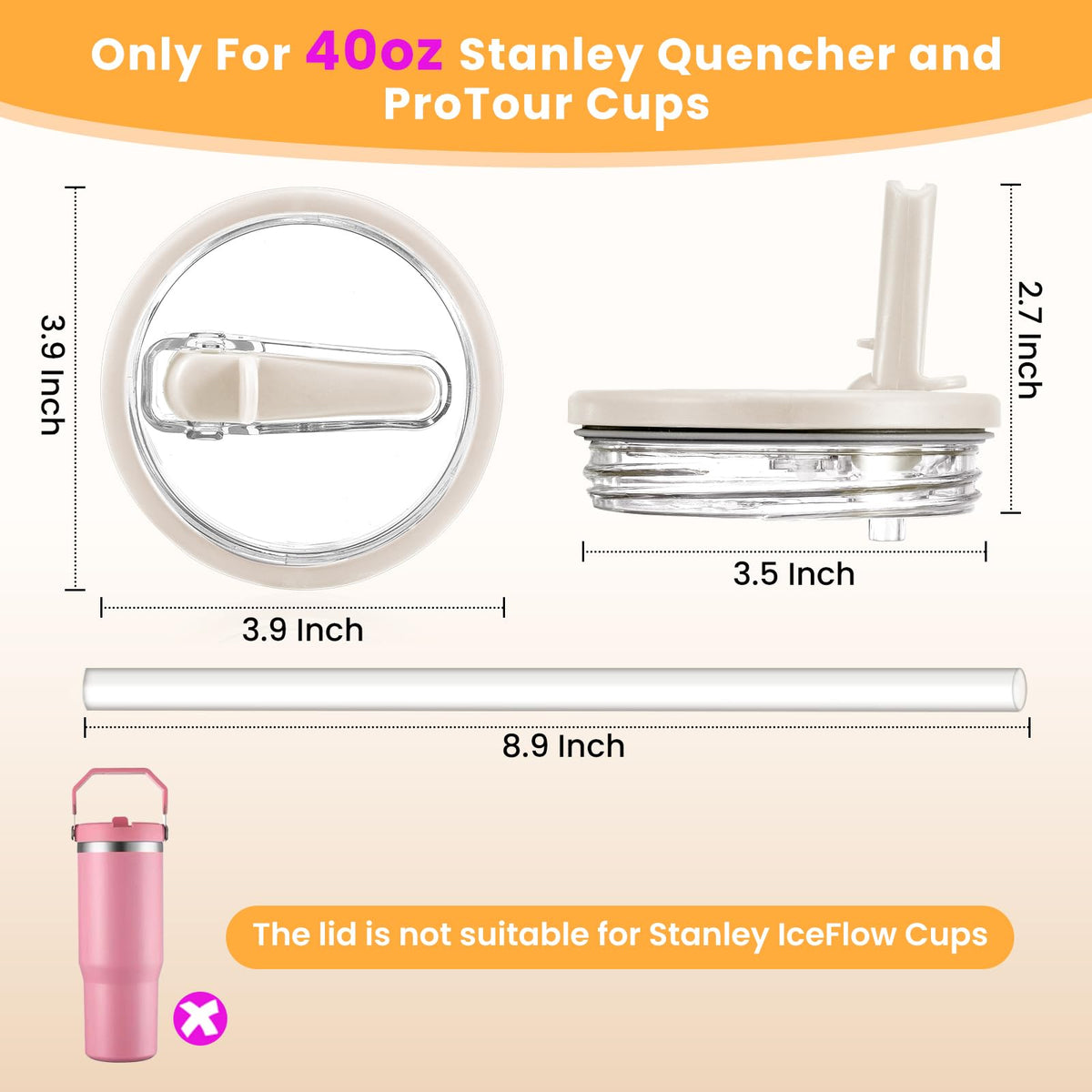 ANTAND 2 Pack 40 oz Leak Proof Lid Fit for Stanley Quencher H2.0 40oz (Only), Stanley Cup Accessories, Flip Straw Lid Replacement 40 oz, BPA Free, Leakproof, No Spill Tumbler Top Cover (Beige, Beige)