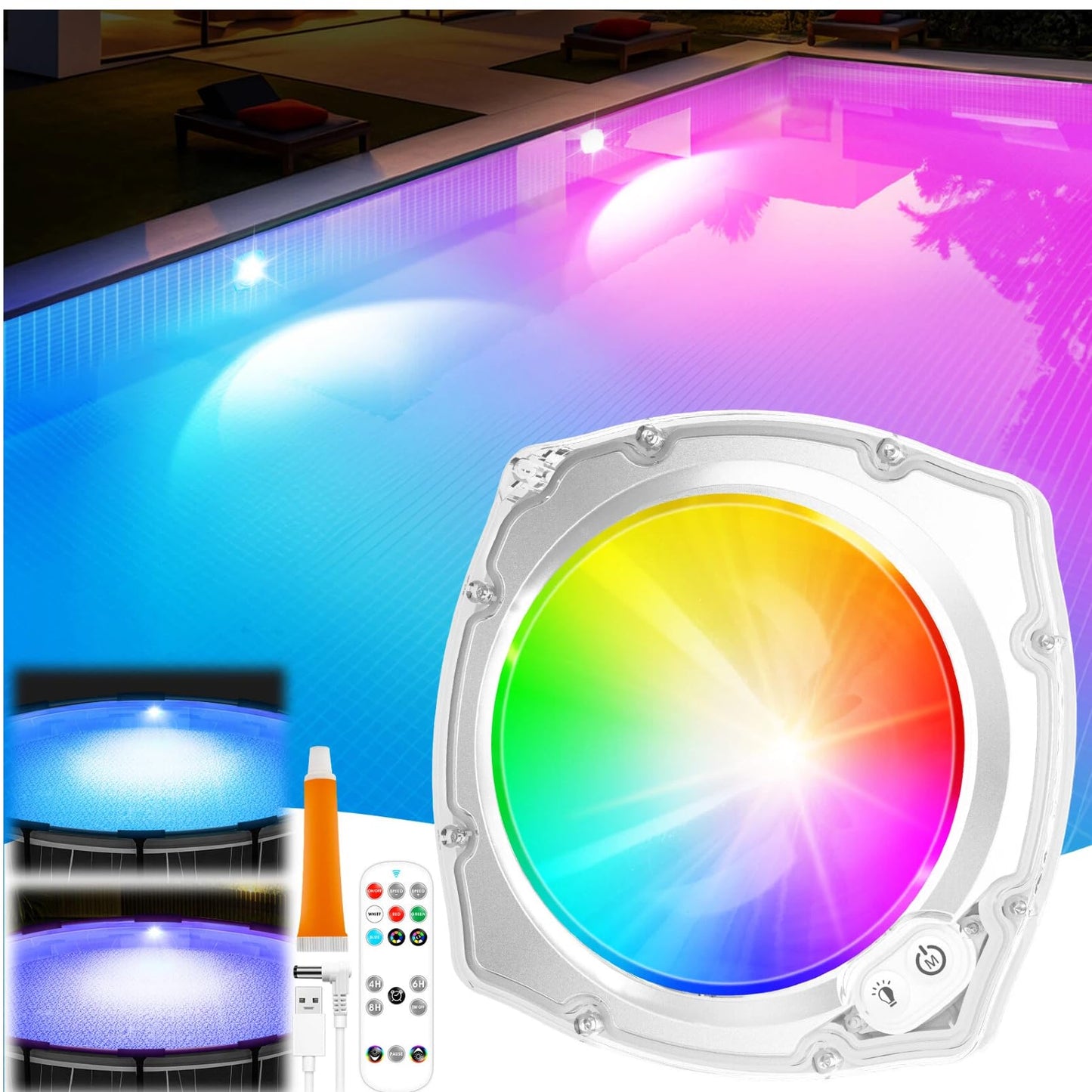 PoolBliss Rechargeable Submersible Pool Lights with Remote, 5000mAh Underwater Led Pool Light for Above Ground Pool Lights Waterproof, 9 Modes Color Changing Magnetic Swimming Inground Pool Lights-1PC