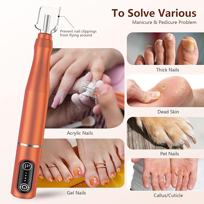 Cordless Nail Drill Electric Rechargeable File Kit, Professional Efile Acrylic Gel Nail Polish Remover Pedicure Manicure Machine Portable Set with 11 Bits 56 Sanding Bands for Salon Orange