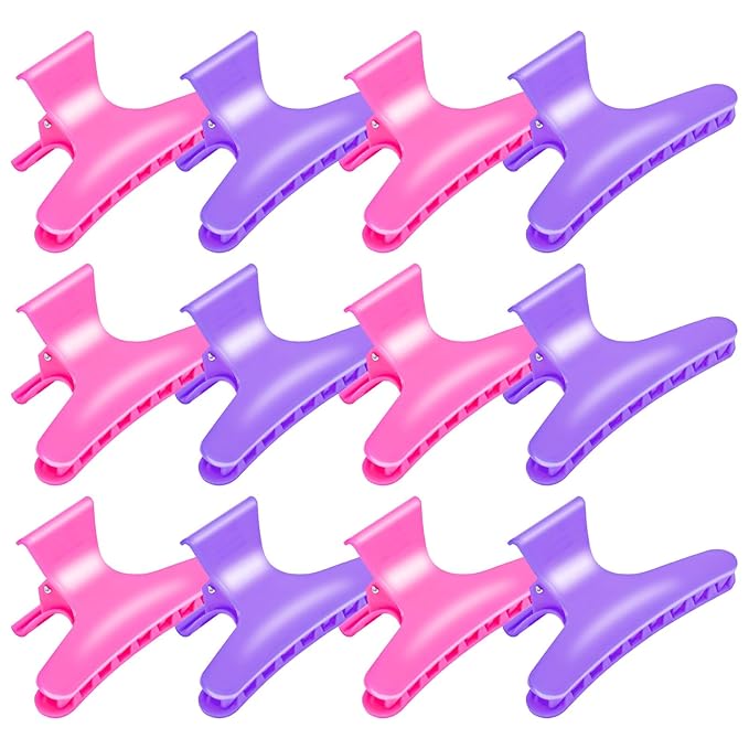 Hair Clips for Styling Sectioning 12 Pack Hot Pink Purple Butterfly Clamps Hair Claw Clips Pro Salon Hair Clips for Styling, Sectioning, Cutting and Coloring