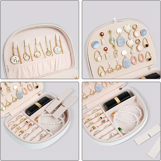 ProCase Travel Size Jewelry Box, Medium Portable Seashell-Shaped Jewelry Case, 2 Layer Mini Jewelry Organizer in PU Leather for Women -White