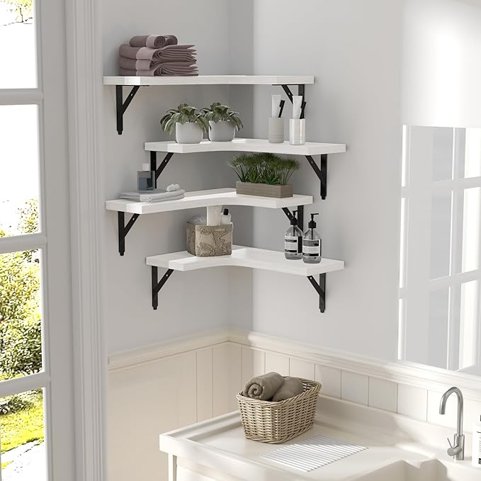 ROMGUAR CRAFT Corner Floating Shelves Wall Mounted Set of 4, Rustic Wood Storage Display Shelves for Home Decor, Bathroom, Kitchen, Bedroom, Living Room, Office (White)