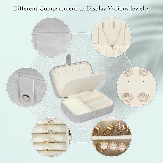 Hatori Travel Jewelry Box, PU Leather Small Jewelry Organizer for Women Girls, Portable Mini Travel Case Display Storage Holder Boxes for Stud Earrings, Rings, Necklaces, Bracelets (Grey)