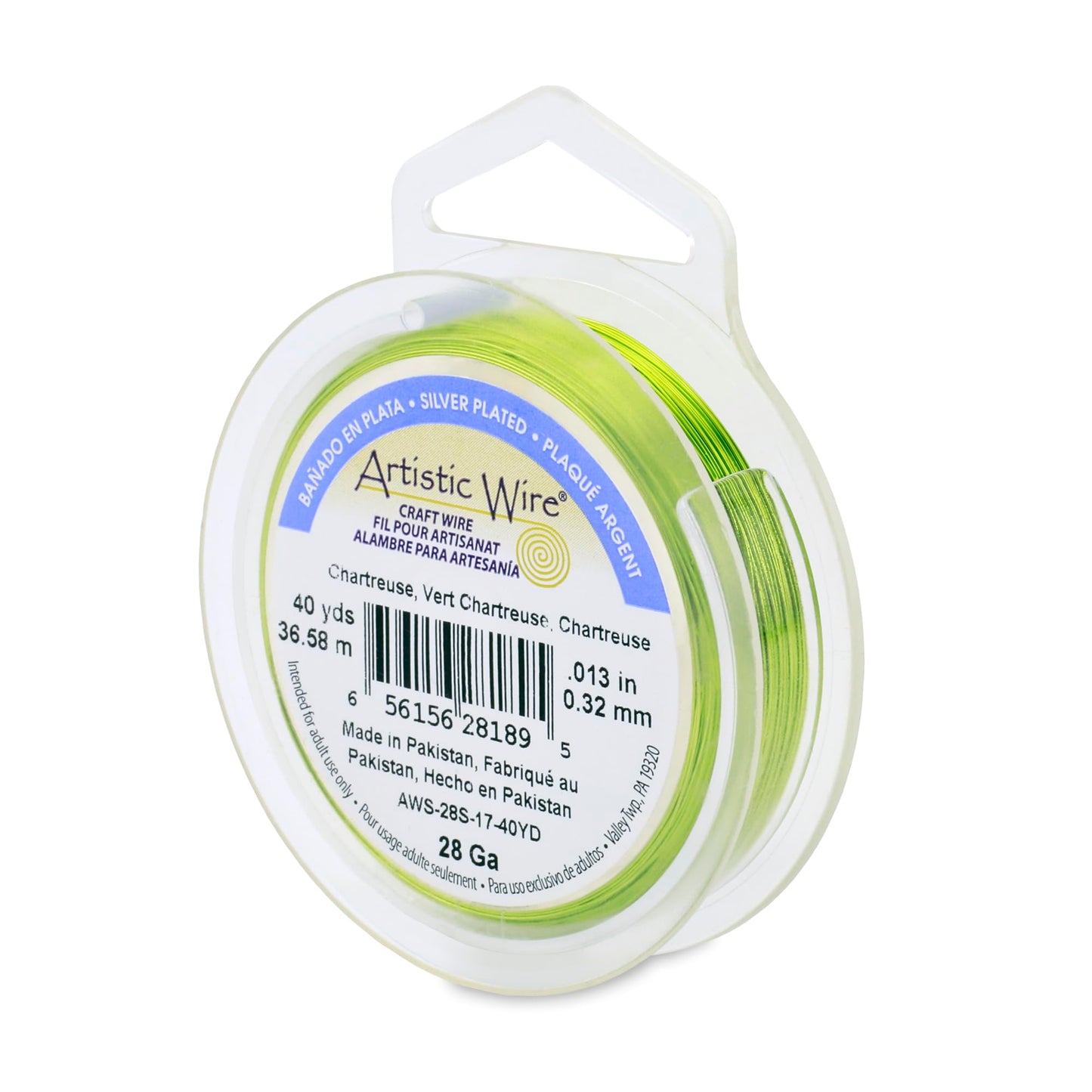Artistic Wire, 28 Gauge Silver Plated Tarnish Resistant Colored Copper Craft Wire, Chartreuse, 40 yd