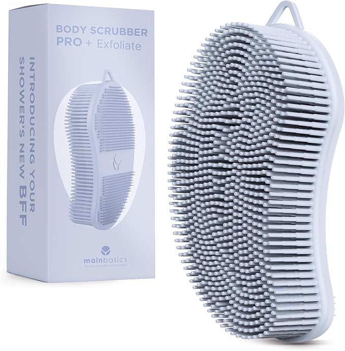 MainBasics Silicone Body Scrubber Dual-Sided Shower Loofah and Exfoliator (Frosted Sky, Exfoliate)
