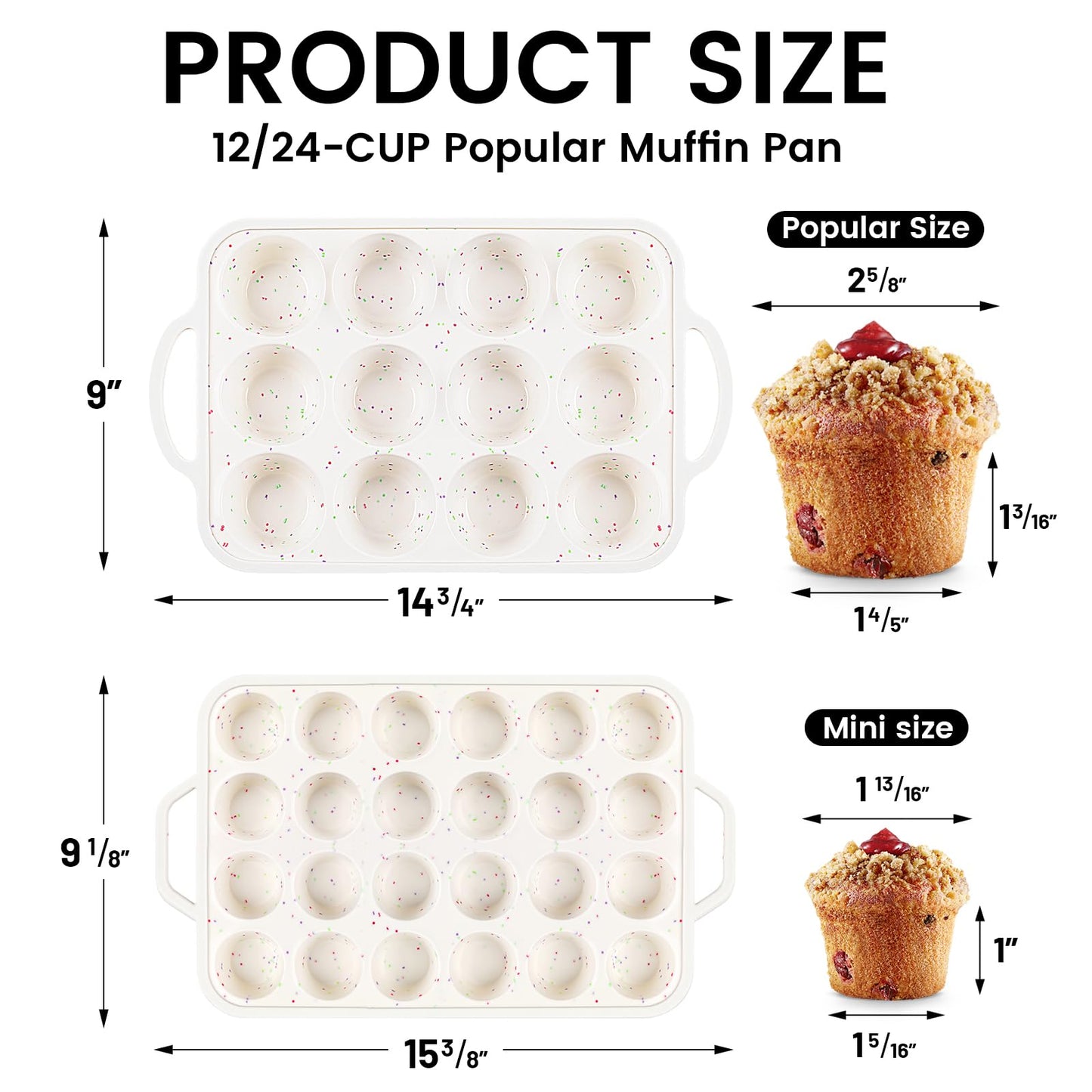Vinino 2Pack Silicone Muffin Pan for Baking with Metal Reinforced Frame, Regular 12 Cup and Mini 24 Cup Nonstick Cupcake Pan Set, BPA Free Silicone Muffin Tray Molds for Oven Dishwasher Safe