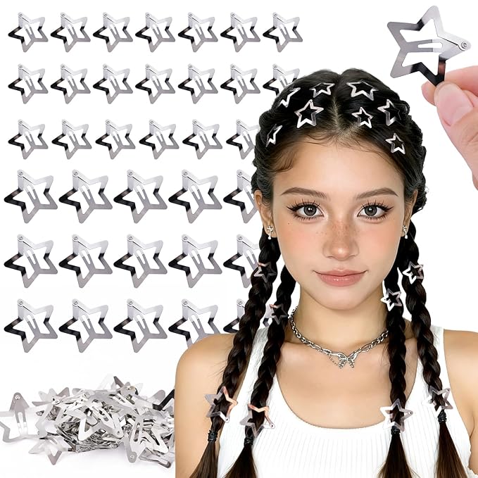 35 PCS Silver Star Hair Clips, 1.18 & 1.57 Inch Y2K Accessories Snap Hair Clips, Non-Slip Small Star Barrettes Accessories for Girls Women, Cool Metal Fashion Ornament Set for Rave Decor