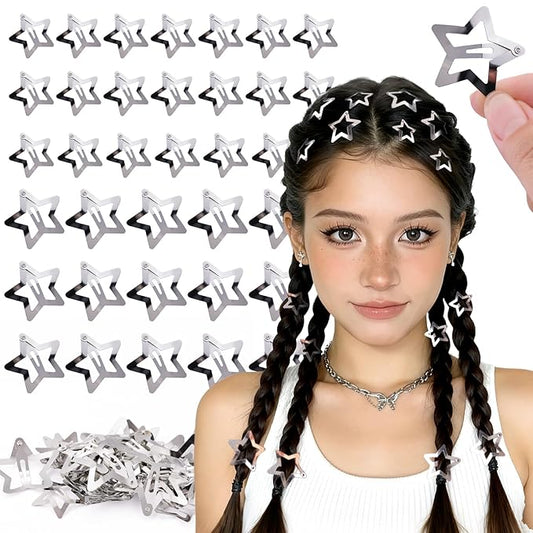 35 PCS Silver Star Hair Clips, 1.18 & 1.57 Inch Y2K Accessories Snap Hair Clips, Non-Slip Small Star Barrettes Accessories for Girls Women, Cool Metal Fashion Ornament Set for Rave Decor