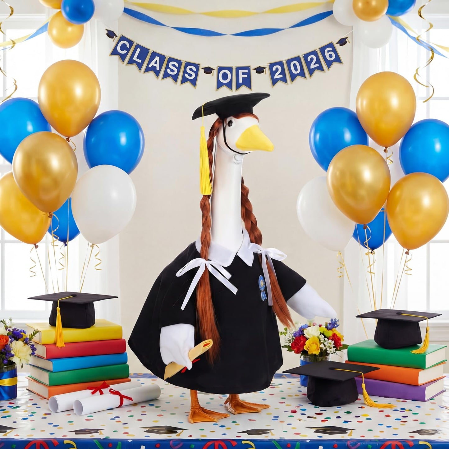 Abbylike Graduation Porch Goose Outfits Graduation Cap with Gold Tassel and Wig Yard Goose Costume Clothes Fits Large 23'' Cement for Garden Yard Statue Lawn Pathway Decorations
