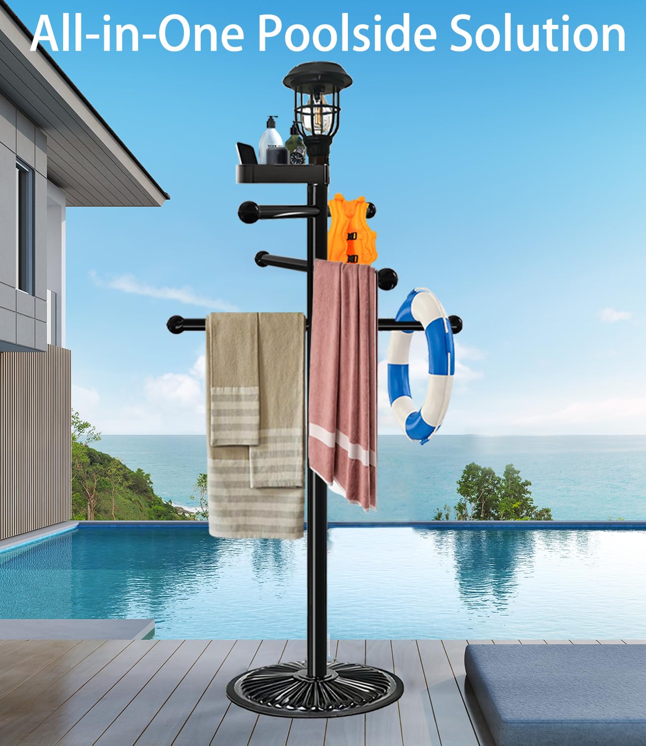 i365AMZ Pool Outdoor Towel Rack with Solar Light, 6 Bars with Top Tray Metal Heavy Duty Pool Accessories with Heavy Metal Base, Hot Tub Accessories for Pool and spa