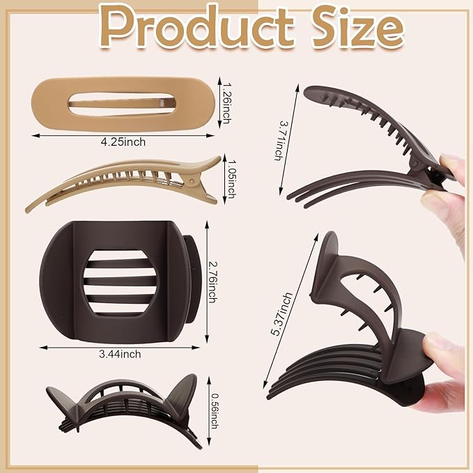 8 Pcs Flat Hair Clips for Women, 2 Styles Large Flat Claw Clips for Women, Strong Hold Non-slip French Hair Clips for Thick Thin Hair, Neutral Color