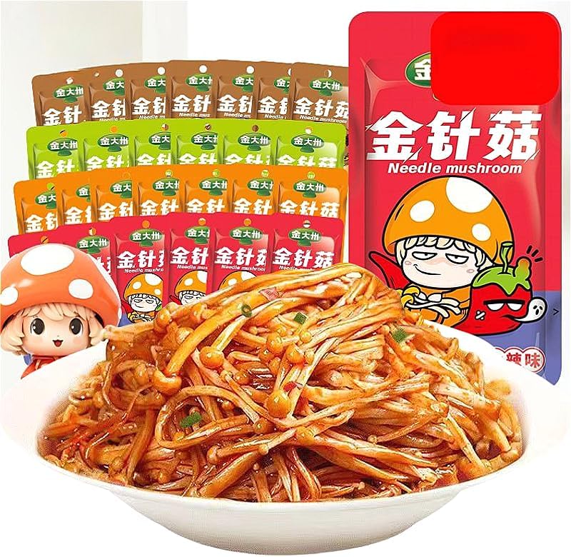 4 flavors Fresh spicy golden enoki mushroom（5/10/20/30packs） spicy strips,Latiao delicious snacks gift,Chinese specialty food,side dishes,seasoned dishes,healthy instant pickles (4 packs)