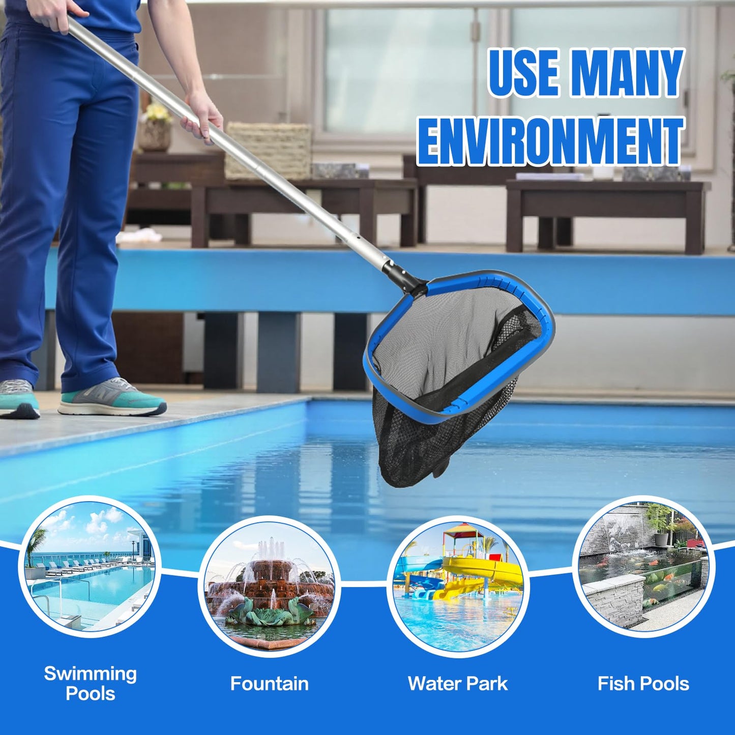joyhalo Pool Skimmer Net with Pole,Upgraded Extra Wide Scoop Edge, Swimming Leaf Rake with 2.5FT-10FT Adjustable Aluminum Pole for Cleaning Leaves, Debris
