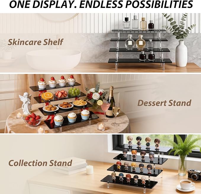 Acrylic Riser Display Stand, Black 4 Tier Cupcake Stand Display Risers Shelf Perfume Cologne Organizer Compatible with Funko Pop Food Dessert Makeup Skincare Cosmetics Lotion Organizer (1 PACK)