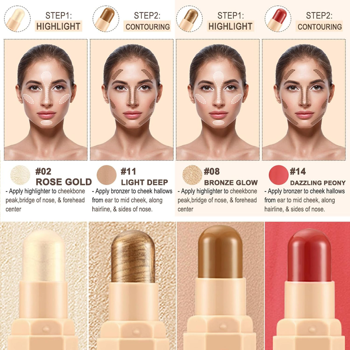 Face Cream Contour Stick Bronzer Stick Highlighter Stick Blush Stick Illuminator Makeup Glow Kit,Long Lasting Highly Piamented Skin Brighten Shadow Contour Bronzer Highlighter Blush Powder-A2