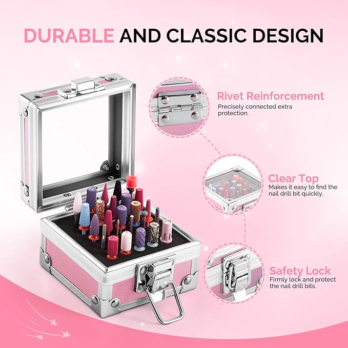 MelodySusie Nail Drill Bits Holder, 25 Holes Case, Portable Dustproof Displayer Organizer Container, Nail Tech Professional Nail Art Tool, Travel Salon Home, Pink (Drill Bits Not Included)