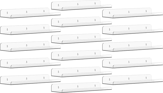 Qukaka Floating Shelves for Wall Decor, 15" Extra Clear Wall Shelves for Bedroom, Living Room, Kitchen, Bathroom Decor, Nail Polish/Book/Decoration/Makeup/Perfume Organizer Floating Shelf-16Pack