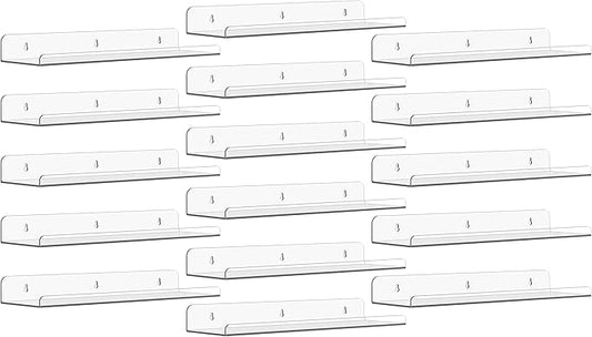 Qukaka Floating Shelves for Wall Decor, 15" Extra Clear Wall Shelves for Bedroom, Living Room, Kitchen, Bathroom Decor, Nail Polish/Book/Decoration/Makeup/Perfume Organizer Floating Shelf-16Pack