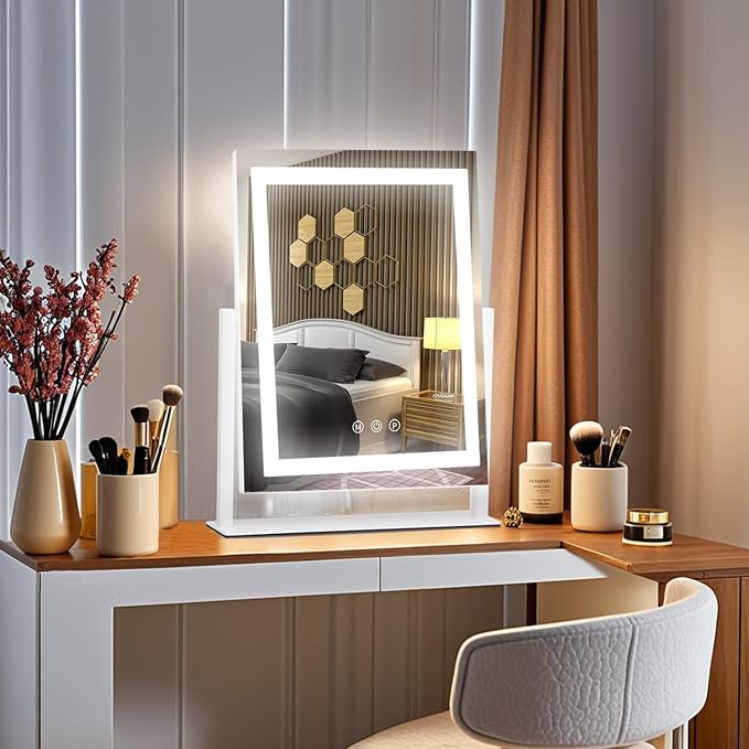 Lighted Makeup Mirror with Smart Touch, 3 Color Modes & Stepless Dimming, for Desk Bedroom Dressing Room, LED Vanity Mirror 13.2" H x 11.2" W