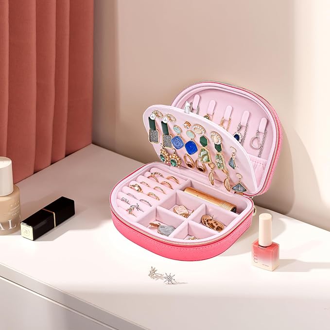 ProCase Travel Size Jewelry Box, Medium Portable Seashell-Shaped Jewelry Case, 2 Layer Jewelry Organizer in PU Leather for Women -Melon Pink