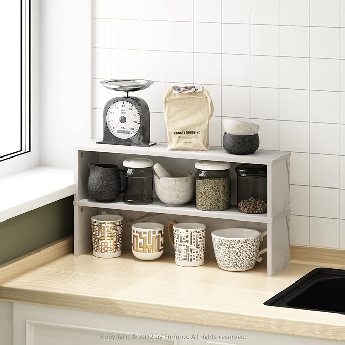 Furinno Helena Kitchen Counter Stackable Organizer Shelf, Set of 2, 23-Inch, Marble White