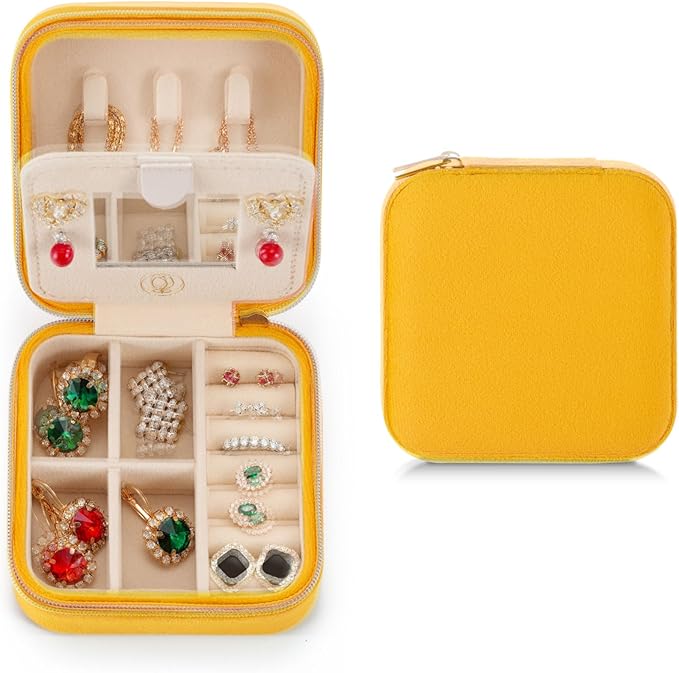 Plush Velvet Travel Jewelry Case, Organizer, Box, Small Case for Women, Earring Organizer with Mirror, Best Gifts For Daughter, Girlfriend, Mom | Gifts For Her - Yellow