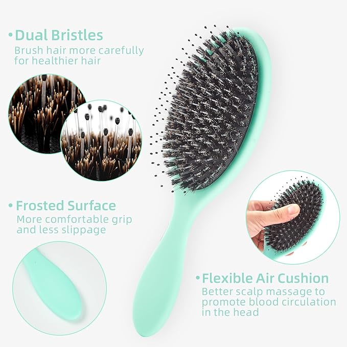 Boar Bristles Hair Brush for Women and Men, Detangling Hair Brush for Smoothing Massage Add Shine, Nylon&Boar Bristles Detangler brush for Hair Healthy (1 Pack-MintGreen)
