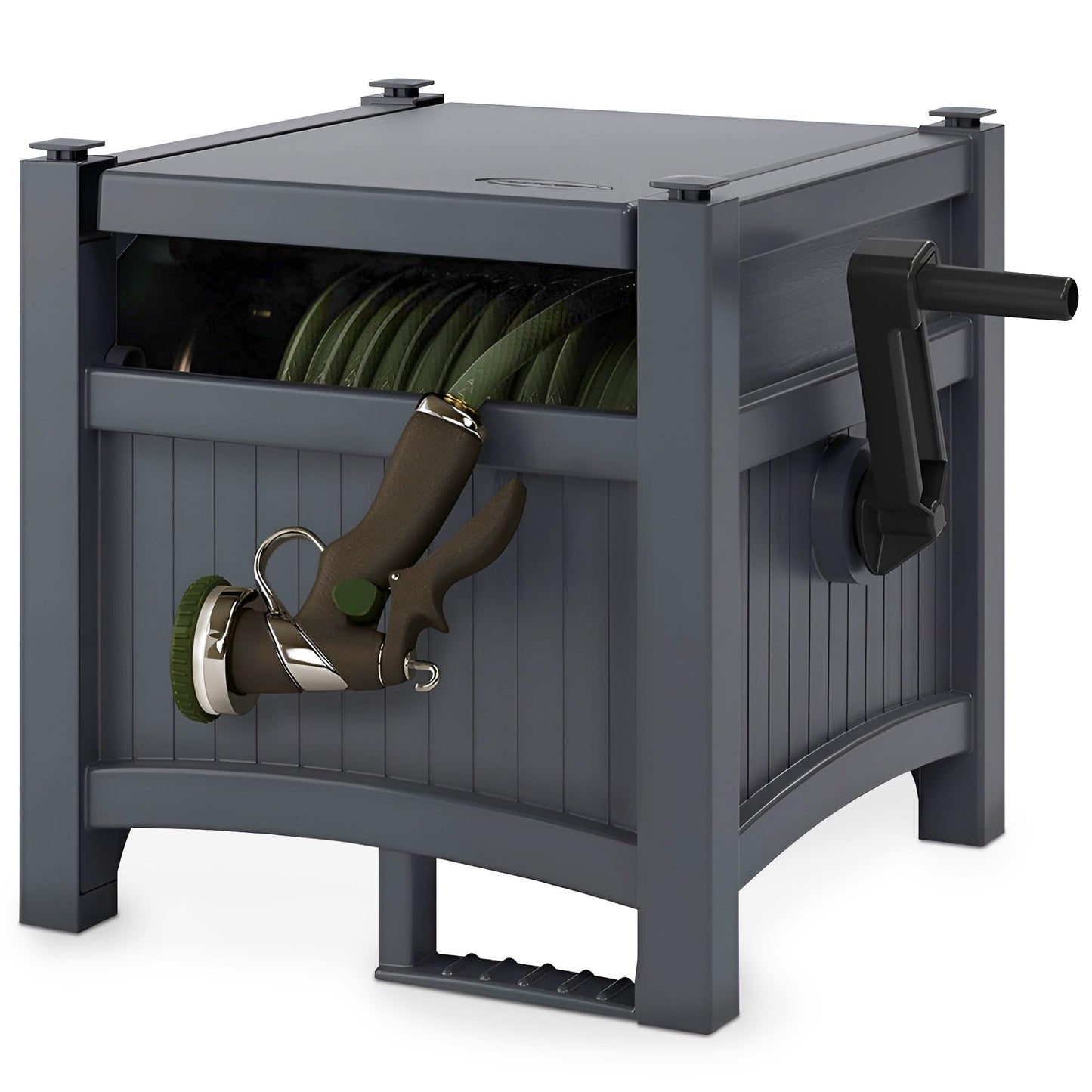 Suncast Garden Hose Hideaway Storage Reel Box, Cyberspace Grey â Resin Outdoor Container, Holds up to 100 Feet of 5/8 Inch Standard Vinyl Water Line â No Assembly Required