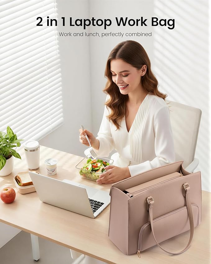 LOVEVOOK Lunch Tote Bag for Women, 15.6 Inch Laptop Work Bag with Insulated Lunch Compartment, Large Capacity Computer Handbag with Cup Holder for Business, Nurse, Teacher, Mommy