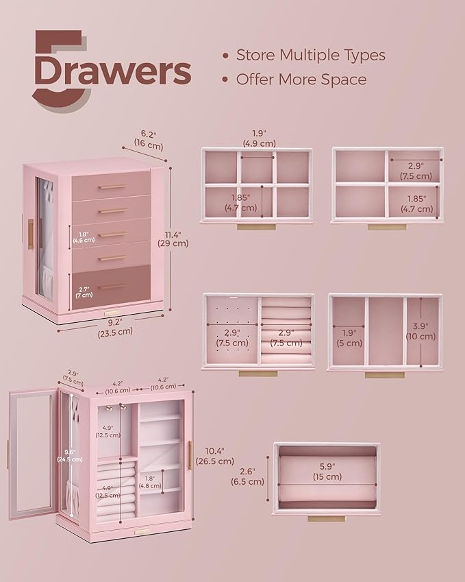 Glimmloop 360ÃÂ° Rotating Jewelry Box with 5 Drawers, Spacious Vertical Jewelry Organizer with Glass Window, Jewelry Storage Case, Dustproof & Moisture-resistant Design, Pink
