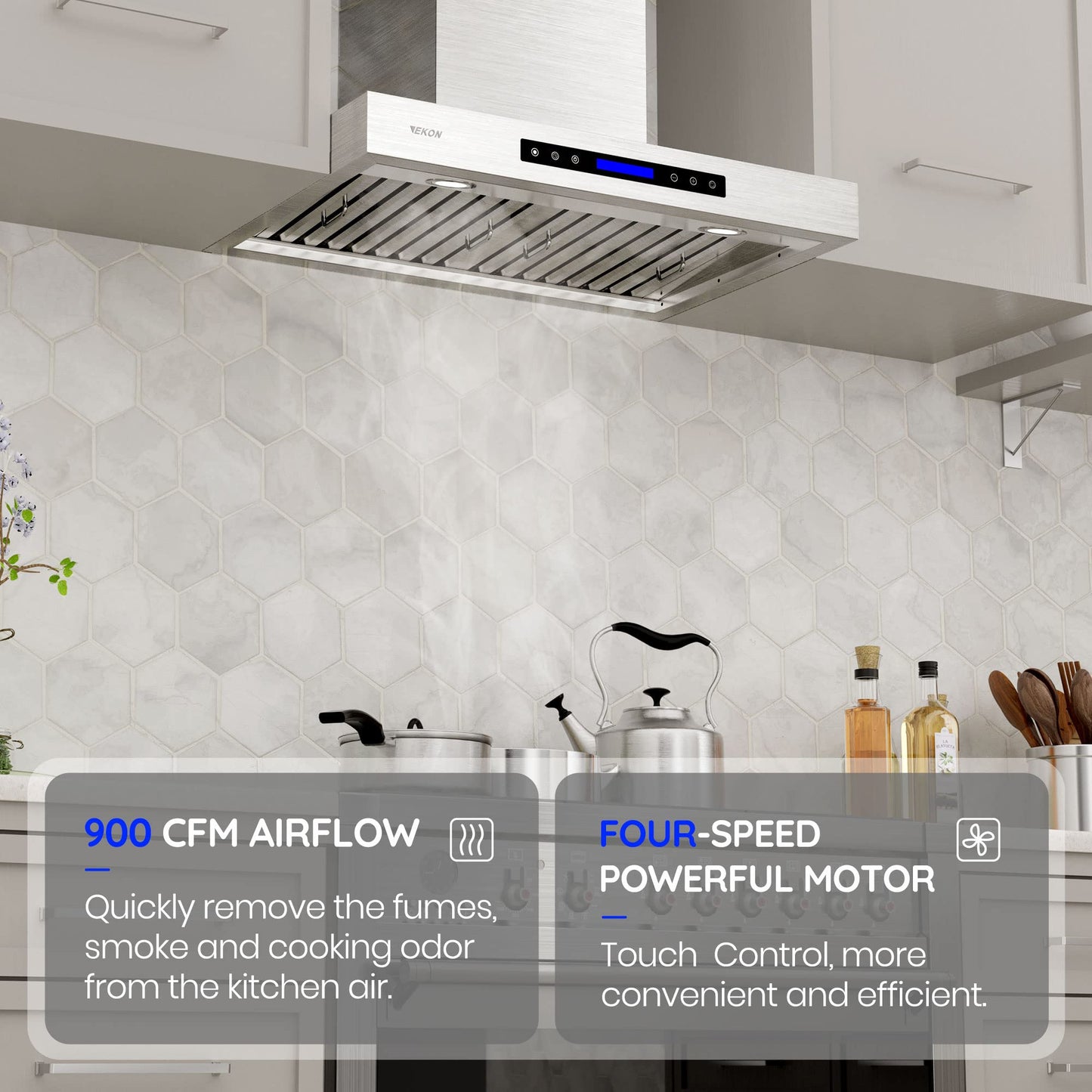 EKON KITCHEN EXPERT Range Hoods 30 In - Wall Mount Range Hood Stainless Steel 900 CFM, Touch Panel Control With Remote And LCD Display / 4 Pcs 3W Led Lamp/Dishwasher Baffle Filters(NAP04-30in)