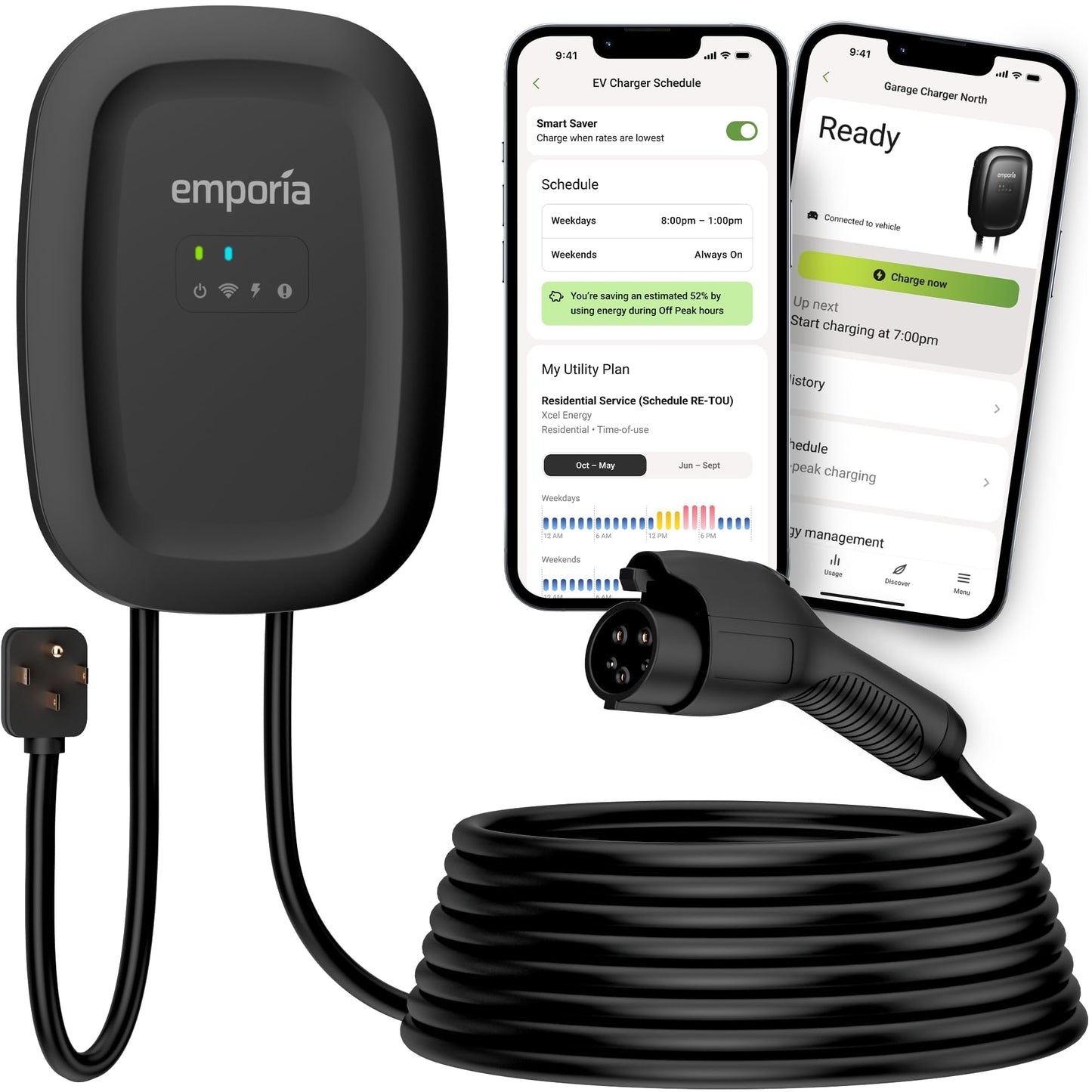 EMPORIA Level 2 EV Charger w/ J1772 Connector — 48 Amp, 240V WiFi Enabled Electric Vehicle Charging Station, 25ft Cable, NEMA 14-50, Black