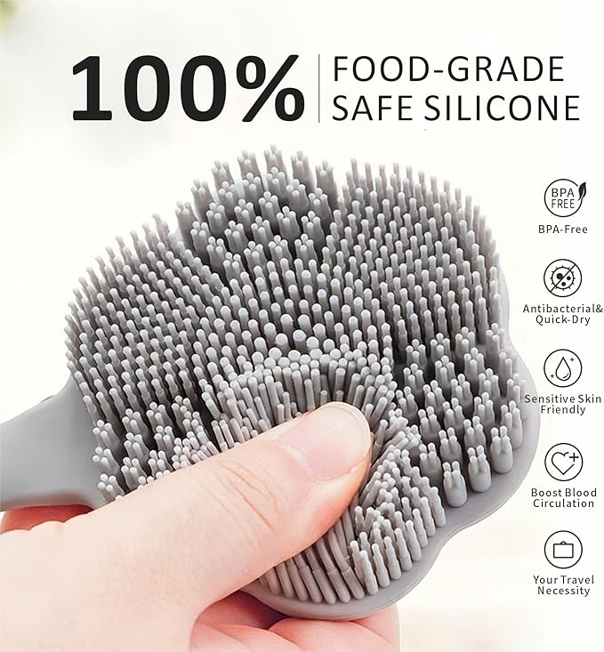 Back Body Scrubber & Face Scrubber for Shower - 15 Inch Long Handle Double Sided Silicone Body Brush for Exfoliation & Massage, Soft Facial Cleansing Brush, Rich Lathering for Deep Cleansing (Gray)