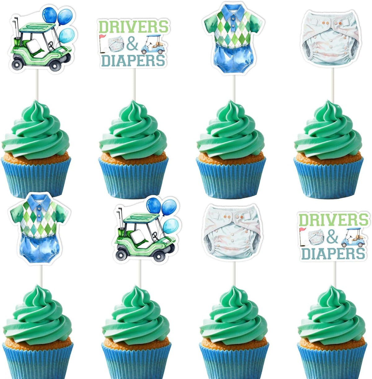 Cheereveal 24pcs Golf Baby Shower Party Cupcake Toppers, Drivers & Diapers Cake Decorations for Boys Green and Blue, Golf Sports Themed Gender Reveal Birthday Party Supplies