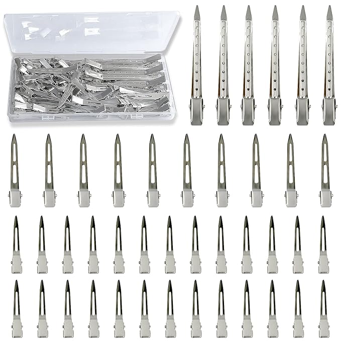 42Pcs Styling Hair Clips Set: Silver Metal Duck Billed Clips for Women's Hairstyling, Long Duckbill Pins, Alligator Rollers with Case