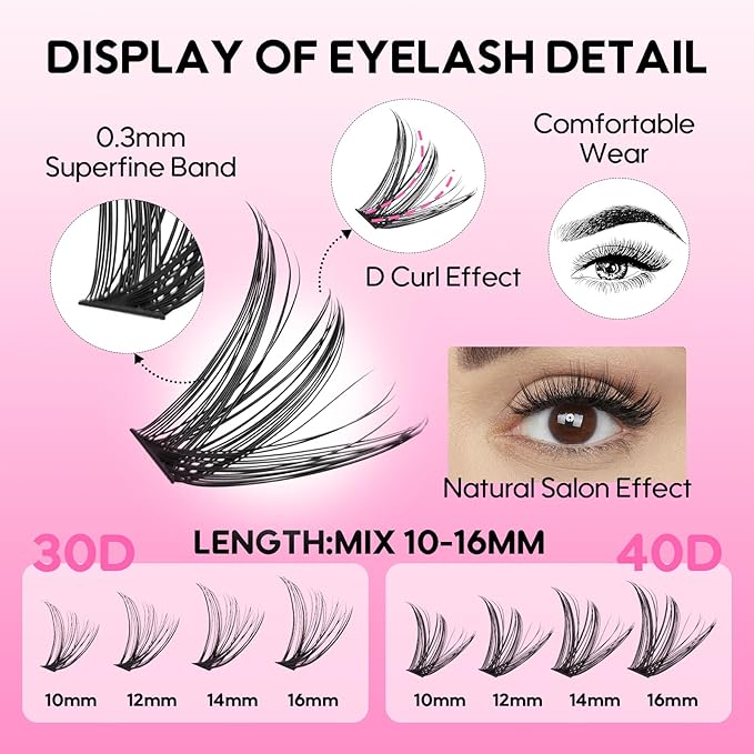 Azenlo DIY Lash Extensions Kit - 240pcs 30D+40D Thin Band Lash Clusters, 10-16mm Soft Natural & Voluminous Lashes for Beginners(30D+40D KIT)