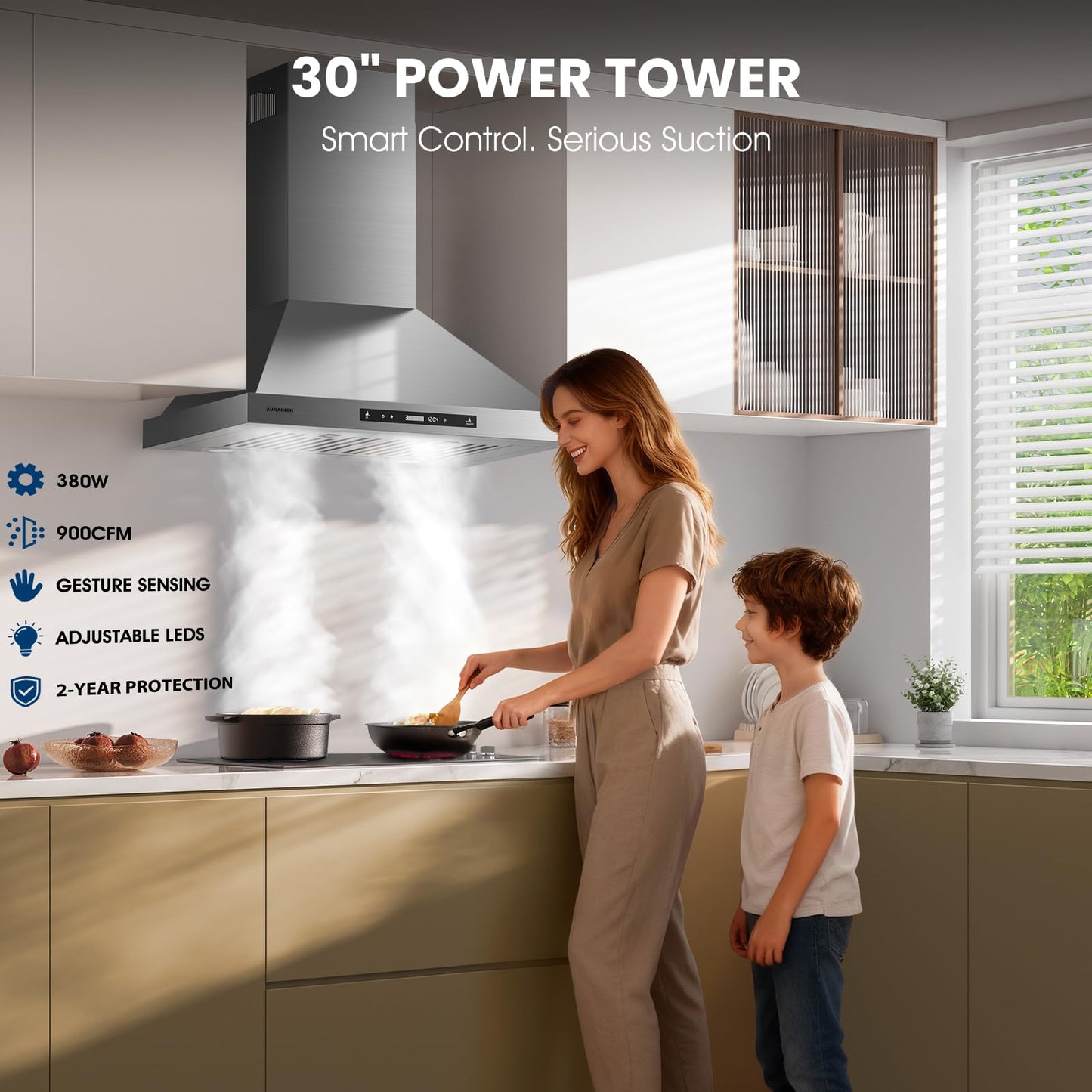AURAKICH 30-inch Wall Mount Range Hood, 900 CFM Ducted/Ductless Kitchen Vent Hood with Full Copper Motor, Triple Smart Controls (Gesture/Remote/Touch), Tunable LED Lighting, Stainless Steel