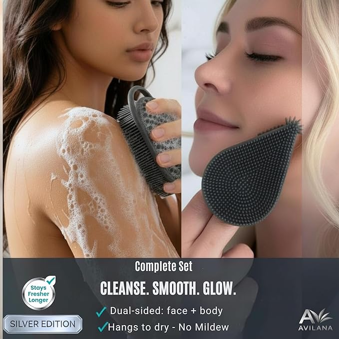 Avilana Silver Edition Body Scrubber and Face Brush Set - Silver-Ion Infused Silicone 2-in-1 Kit, ISO Tested Both Pieces, Stays Fresher Longer Gentle Exfoliating Sensitive Skin Women Men Gift Skincare