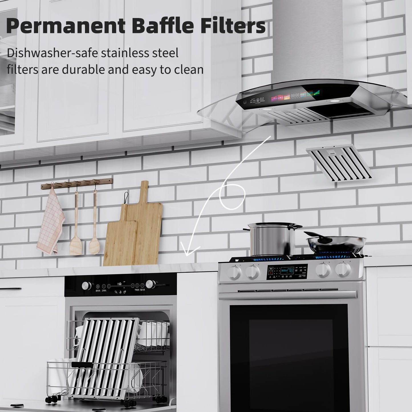 36 inch Wall Mount Range Hood Tempered Glass 900 CFM, Voice/Gesture/Touch Control, Stainless Steel Kitchen Hood Vent with 4 Speed Exhaust Fan, Adjustable Lights, Memory Mode