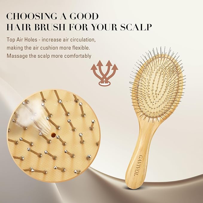 Bamboo Paddle Hair Brush with Steel Bristles for Anti-Static Detangling and Scalp Massager Perfect Wooden Handle Brush for Hair Growth All Types Flexible Curly Hair Detangler for Women Kids