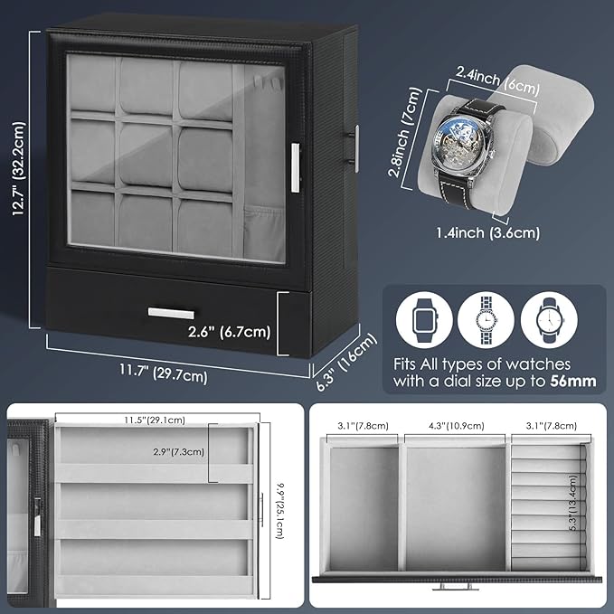 9-Slot Watch Display Case with Necklace Display, High End Men Jewelry Box w/ Drawer, Standing Watch Box for Men w/ Clear Lid, Watch Case for Sunglasses, Vertical Storage, Space Saving, Ideal Gift