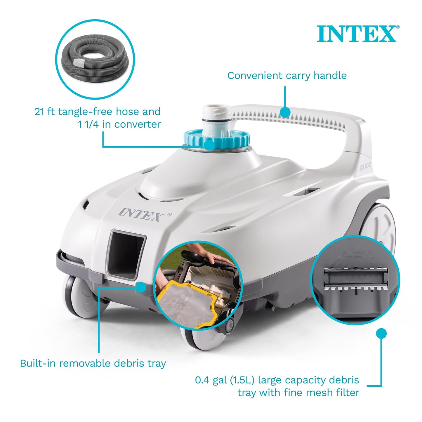 INTEX 28006E ZX100 Pressure-Side Above Ground Automatic Pool Cleaner: for Bigger Pools – Cleans Pool Floor – Removes Debris – Removable Filter Tray – 21ft Tangle Free Hose