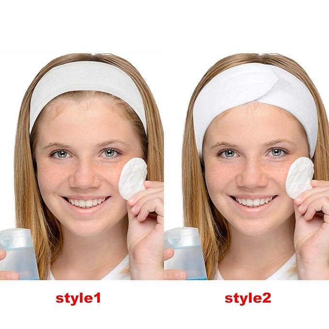 White Elastic Terry Cloth Spa Headband, 8 Pack Facial Head Wrap Band Washable Makeup Headband with Magic Tape