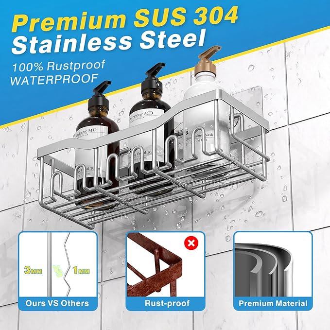 EUDELE 5-Pack Rustproof Stainless Steel Shower Caddy Ã¢ÂÂ No Drill Adhesive Bathroom Organizer with Large Capacity, Spacious Shower Shelves for Inside Shower, Kitchen & Home Decor Storage-XL Size