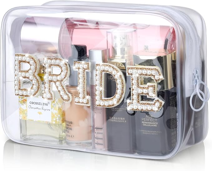 Etercycle Bride Clear Makeup Bag, Bridal Shower Gifts Engagement Cosmetic Bag, Bling Pearl Rhinestone Letter Patches Waterproof PVC Travel Organizer for Women Wedding Bachelorette Party (Gold)