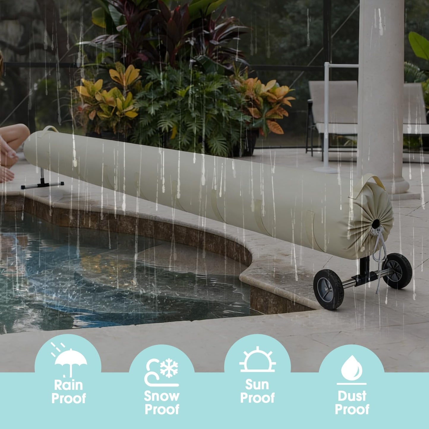 UCEDER Pool Solar Reel Cover with Adjustable Strap, Waterproof Cover for Solar Blanket, 420D Heavy Duty Swimming Solar Reel Storage for Above Ground & Inground Pool (Beige,18 FT)