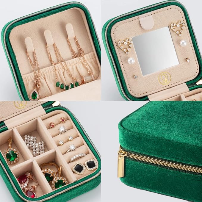 Plush Velvet Travel Jewelry Case, Travel Jewelry Organizer, Jewelry Travel Case, Travel Jewelry Box, Small Jewelry Case, Jewelry Travel Box, Earring Organizer with Mirror - Emerald Green 4packs