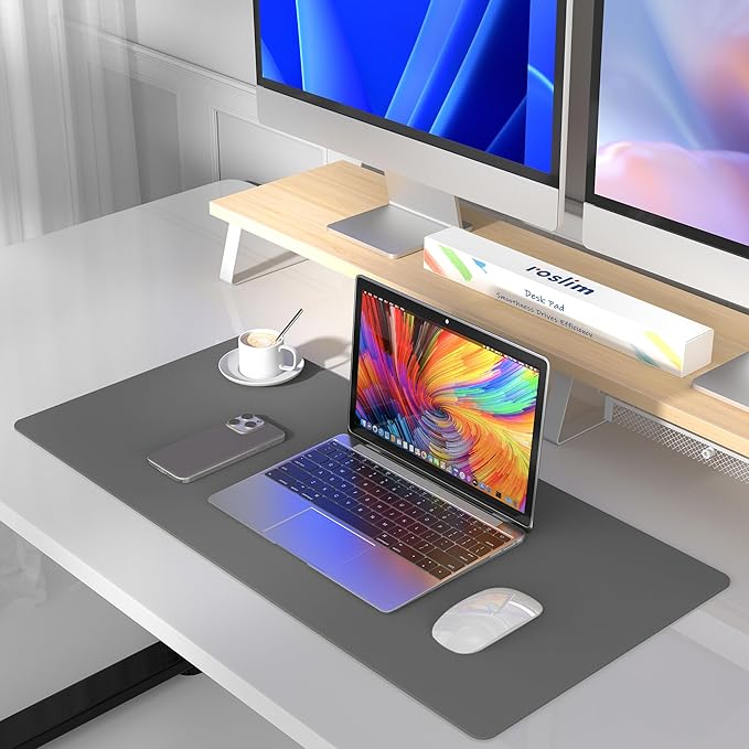 Roslim Leather Desk Pad Protector,Mouse Pad,Non-Slip Computer Mat for Desk,PU Leather Office Desk Mat for Home & Office,Waterproof Laptop Desk Blotter for Keyboard and Mouse,Deep Grey (17''X48'')
